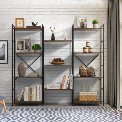 Triple Column 4 Tier Bookshelf, Industrial Triple Bookcase with 11 Open Display Shelves, Adjustable Wide Shelf for Living Room, Bedroom, Home and Office, Rustic Oak