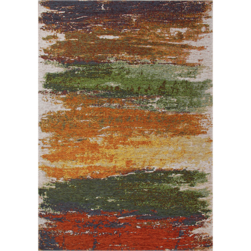 Tapis abstrait brun / vert / rouge en acrylique tissé à plat rectangulaire Hadiqa 6 pi 7 po x 9 pi 6 po