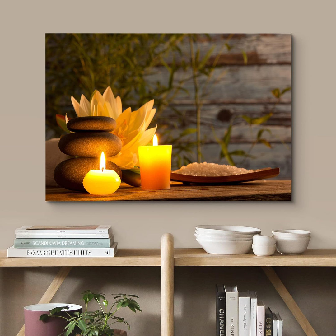 Zen Stones Wood Effect Panel Meditation Relax Spa Candle Massage Stones Large Canvas Print Wall Art IDEA4WALL