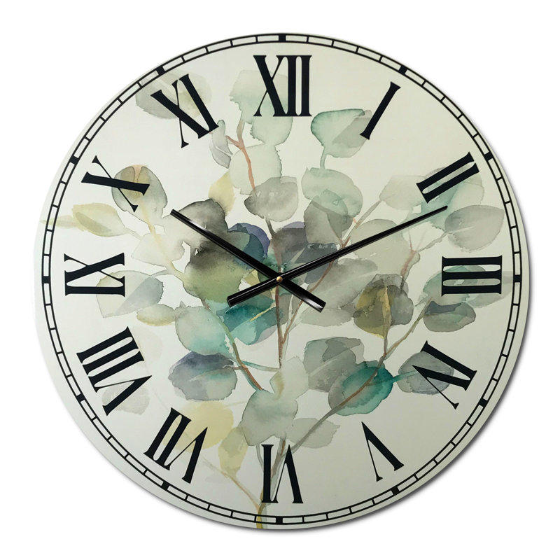 Eucalyptus feuilles I - Horloge murale traditionnelle, horloge murale en métal vert, Moyenne