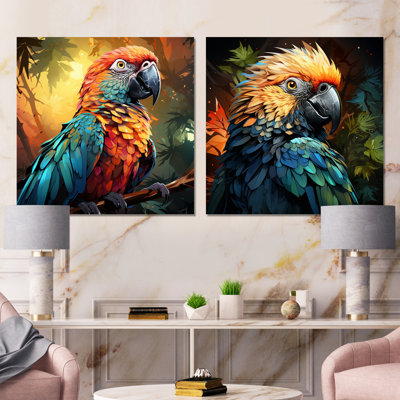 «Orange and Blue Jungle Parrot Paradise I», ensemble de 2 reproductions d'art mural