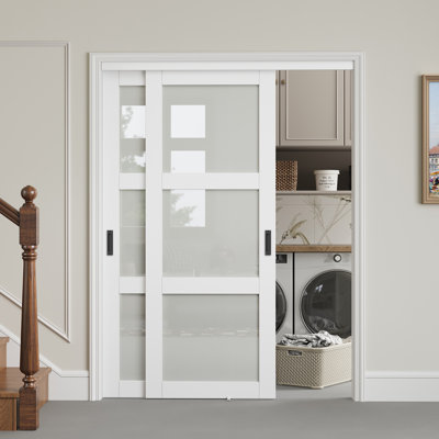 80 In. 3 Lite Forsted Glasses Primed White Pantry & Closet Sliding Doors With Hardware Kit