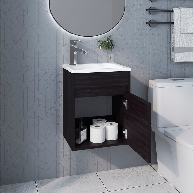 Meuble-lavabo mural peu encombrant avec finition, lavabo intégré, une porte, conception rectangulaire et matériau de panneau de particules flottant moderne