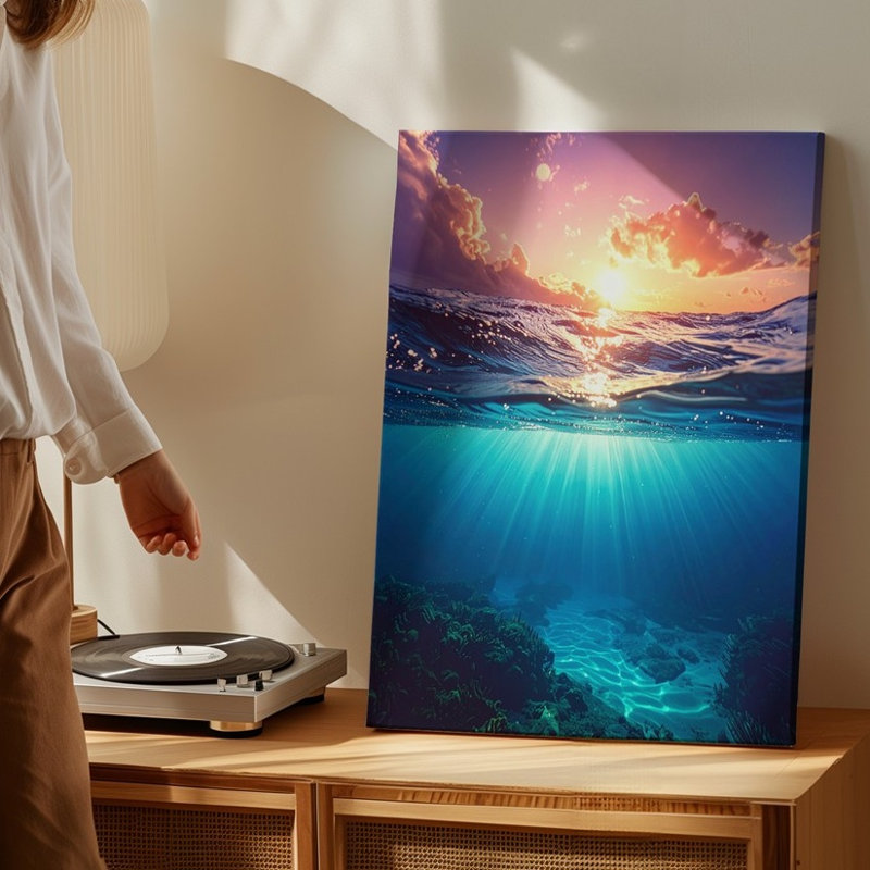 Art mural au-dessus et au-dessous de l'océan Canvassplit Point de vue coucher de soleil et toile sous-marine prête à être accrochée à la galerie
