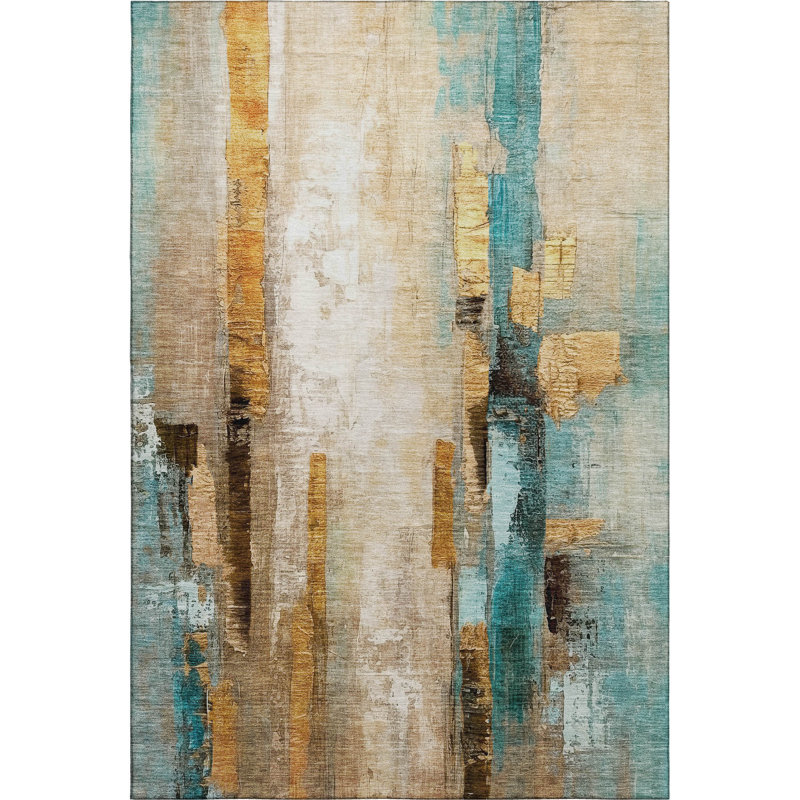 Premium Machine Washable Mayfield AMF2020 Abstract Rug, Beige, 3' x 5'