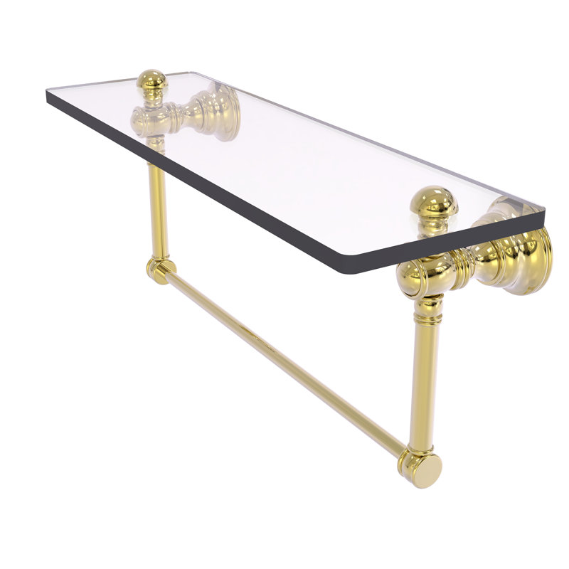 Freyja Glass Accent Shelf with Towel Bar, Unlacquered Brass, 5.54" H x 16" W x 7" D