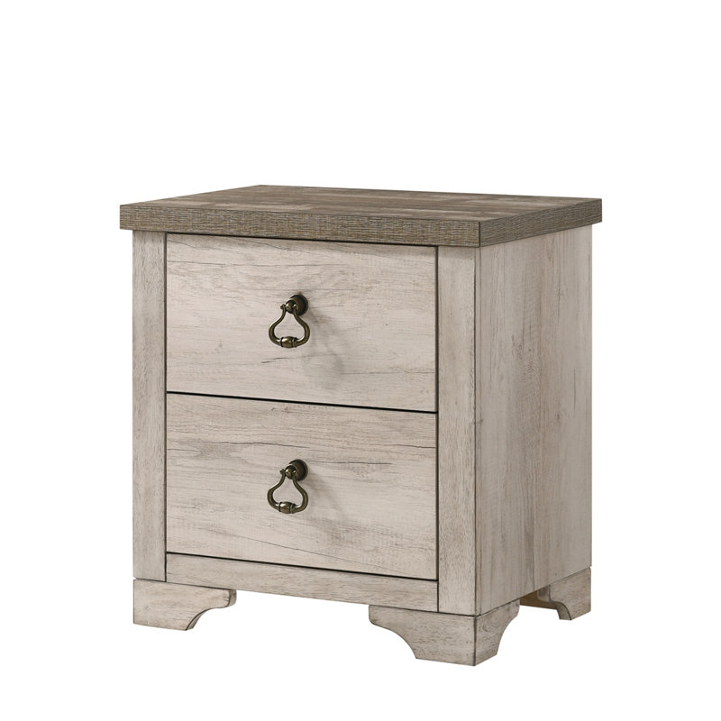 Cottage Style Distressed 2 Drawer Nightstand Driftwood Finish Contrasting Weathered Brown Top Traditional Ring Pull Hardware Wooden