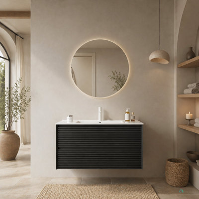 Meuble-lavabo de 36 po avec lavabo, armoire de rangement murale en contreplaqué flottant avec 2 tiroirs en céramique, pré-assemblé