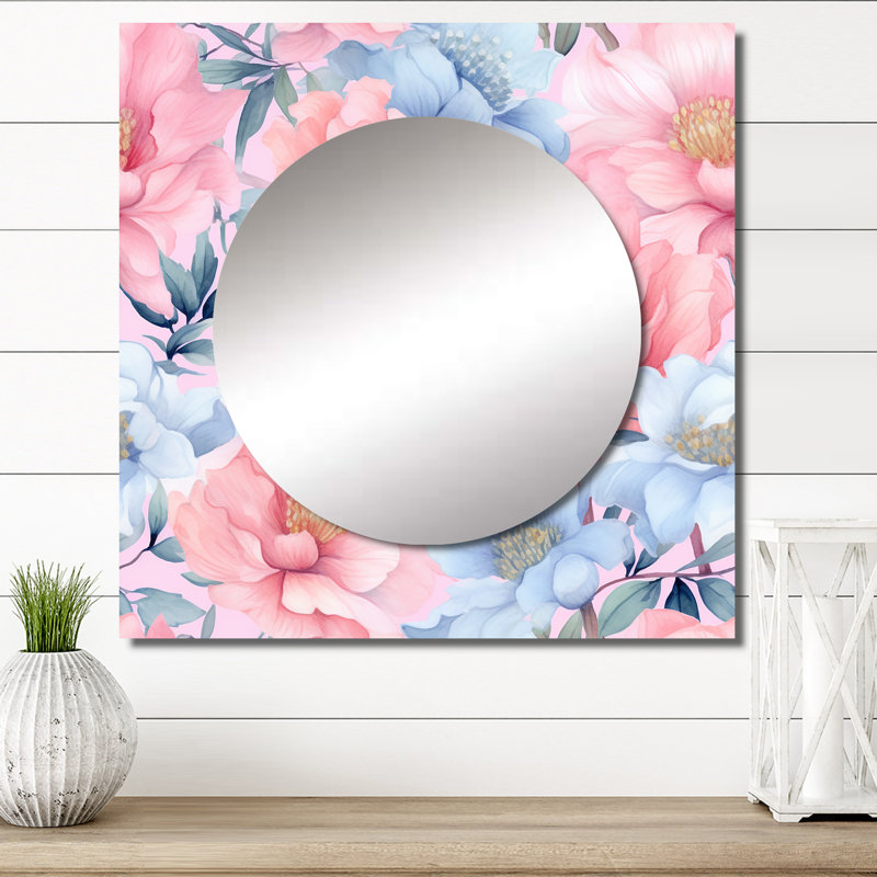 Rose et bleu pétunia sur fond blanc I - fleurs, miroir carré pour décoration murale, 23 po x 23 po