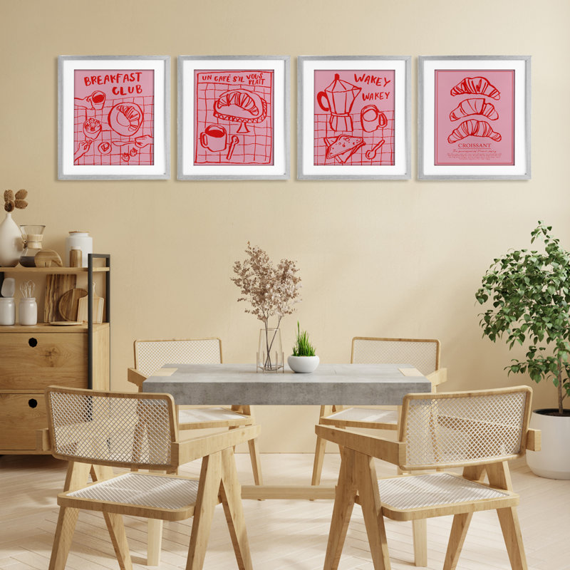 Ensemble de 4 impressions encadrées sous verre Pink Petit déjeuner Doodles, design par Jenaya Jackson, H 16 po x l 13 po