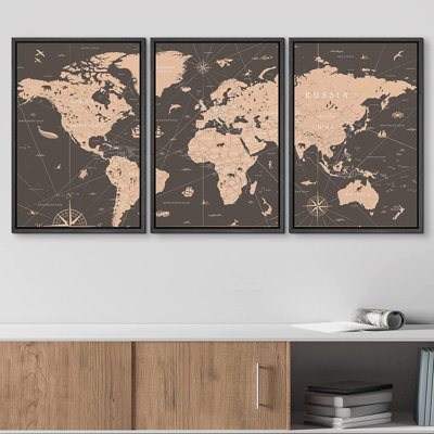 World Map " Sepia World Map Global Country " 3 - Pieces