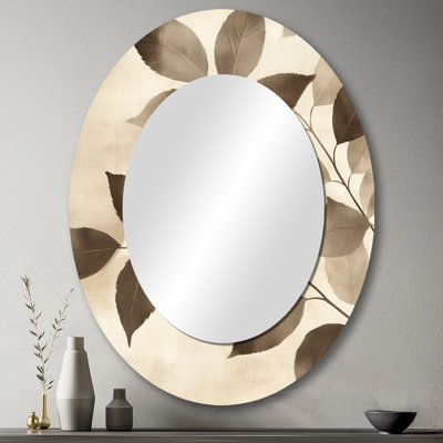 Taupe feuilles mosaïque collage I - Miroir décoratif floral ovale sur métal