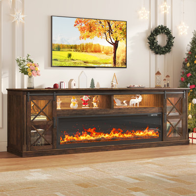 94" Farmhouse Fireplace TV Stand For up to 100" TVs With LED Lights, Power Outlets, Adjustable Shelves, Large Media Console With 60" Electric Fireplace & Sliding Barn‑Door, 33" Tall Entertainment Center For Living Room, Brown