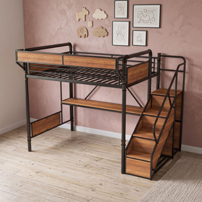 Lit mezzanine double en métal avec bureau d'étude multifonctionnel et escalier de rangement