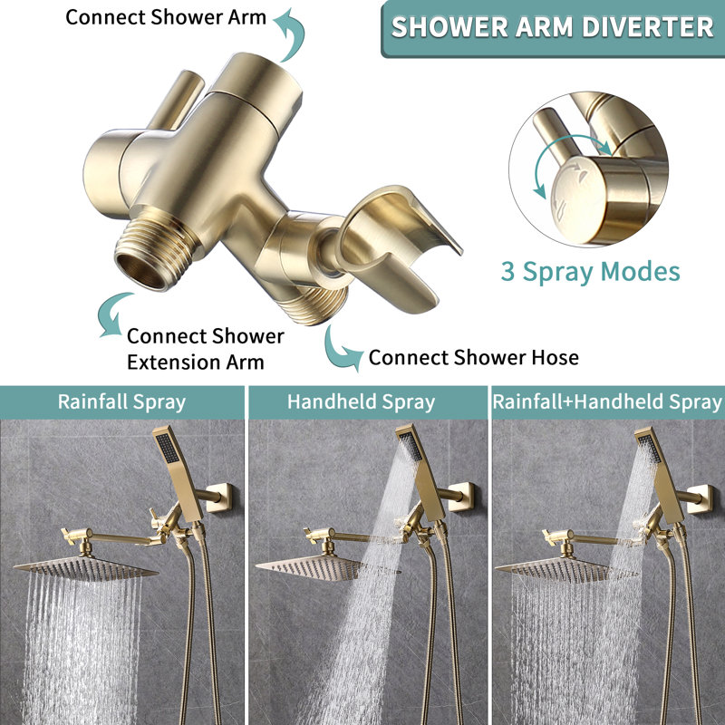 8 Inch Extra Large Rainfall Shower Head Swivel Extension Arm With Handheld Spray, Brushed Gold