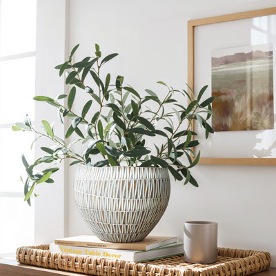 12'' W White and Gold V-Pattern Polyresin Round Planter