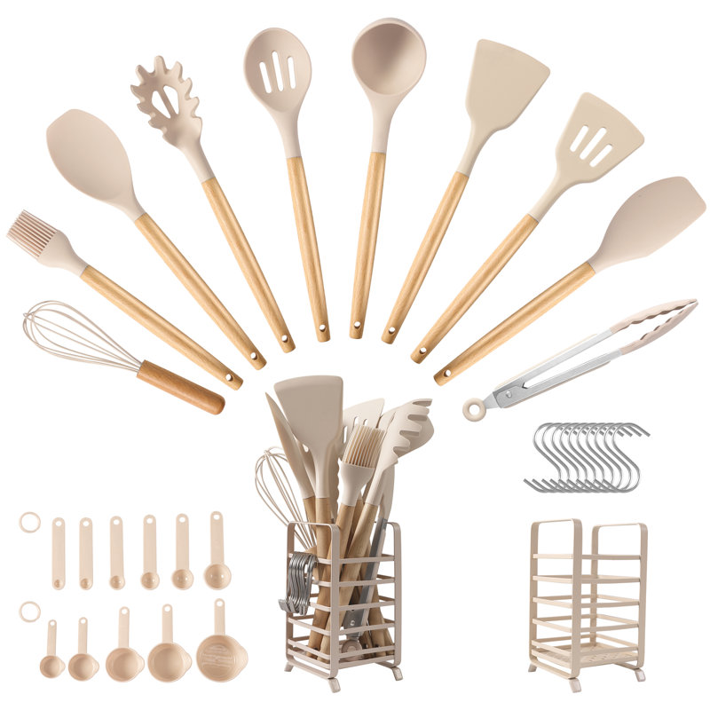 Hecef 32-Piece Silicone Kitchen Utensil Set with Stainless Steel Holder, Food Grade, BPA Free, Heat Resistant, Non-Scratch Cooking Tools