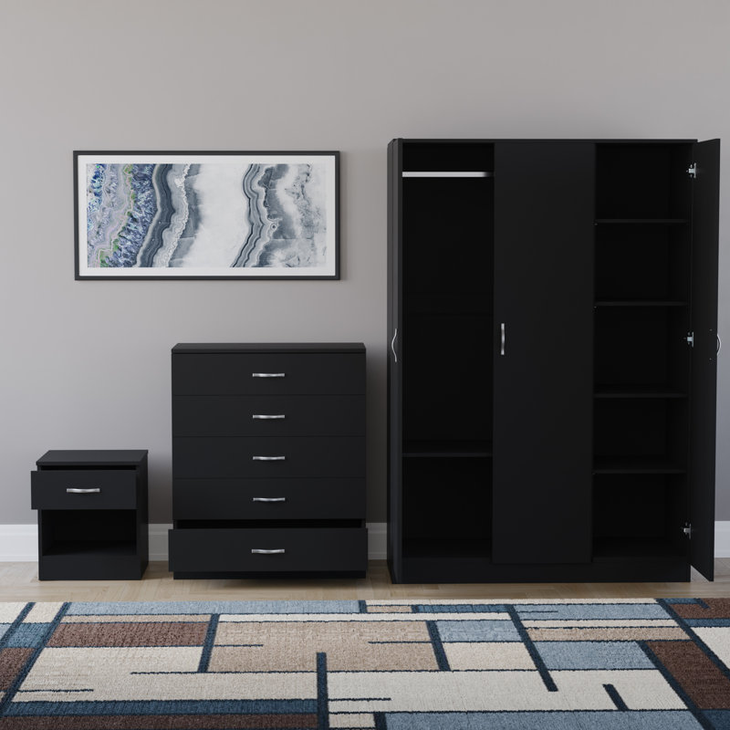 Maybery 3 Piece Bedroom Set (1 Drawer Bedside Chest, 5 Drawer Chest, 3 Door Wardrobe), (5), Black