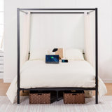 Canopy Bed Frame, Metal Bed Frame With Movable Charging Station, Four-Poster Canopy Bed With Built-In Headboard And Under Bed Storage Space, No Box Spring Needed, Easy Assembly, Black