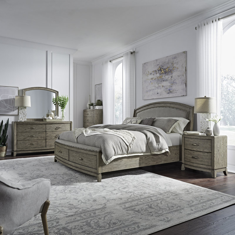Drelan Upholstered Storage Bed, Dresser & Mirror, Chest, Two Nightstand Bedroom Set, King, Light Brown