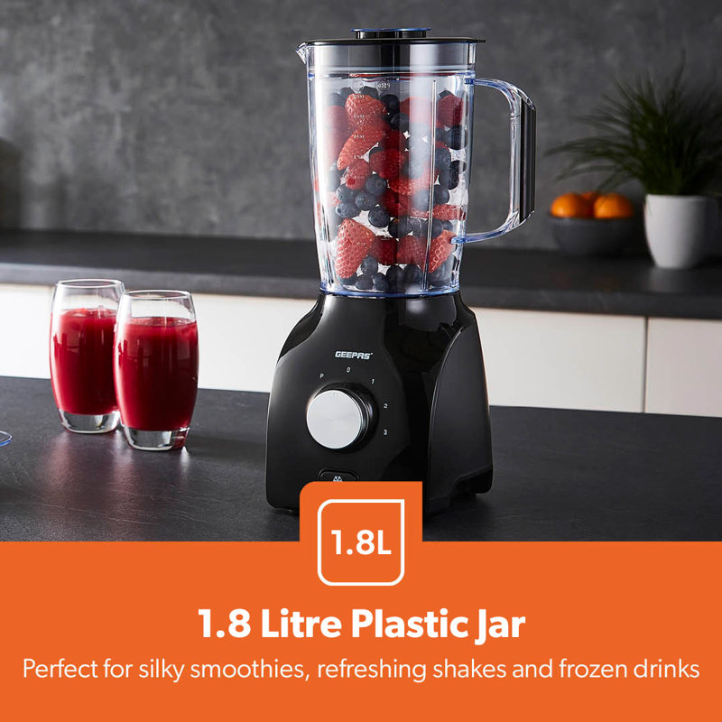 GEEPAS 2-in-1 Food Jug Blender | 1.8L Juice Jar & 60G Mini Coffee Spice Mill | 6-Leaf Stainless-Steel Blades 3 Speed & Pulse Smoothie Maker Turbo Button for Ice Crushing Overheat Protection 600W