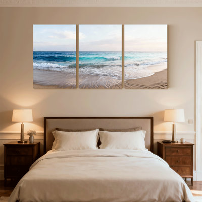 Plage, océan, vagues, plage, ciel, sable, coucher de soleil, horizon, eau, ensemble de 3 impressions sur toile