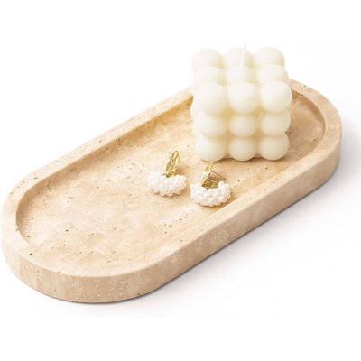 9.8"×4.5" Handcrafted Natural Travertine Marble Tray – Non-Slip Polished Stone Organizer for Jewelry & Perfume