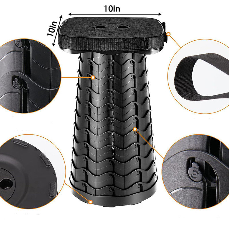 Folding Camping Stool, Square Collapsible Portable Stool with Elastic Seat Cushion& Adjustable Nylon Bag, Telescoping Foldable Stool, Black