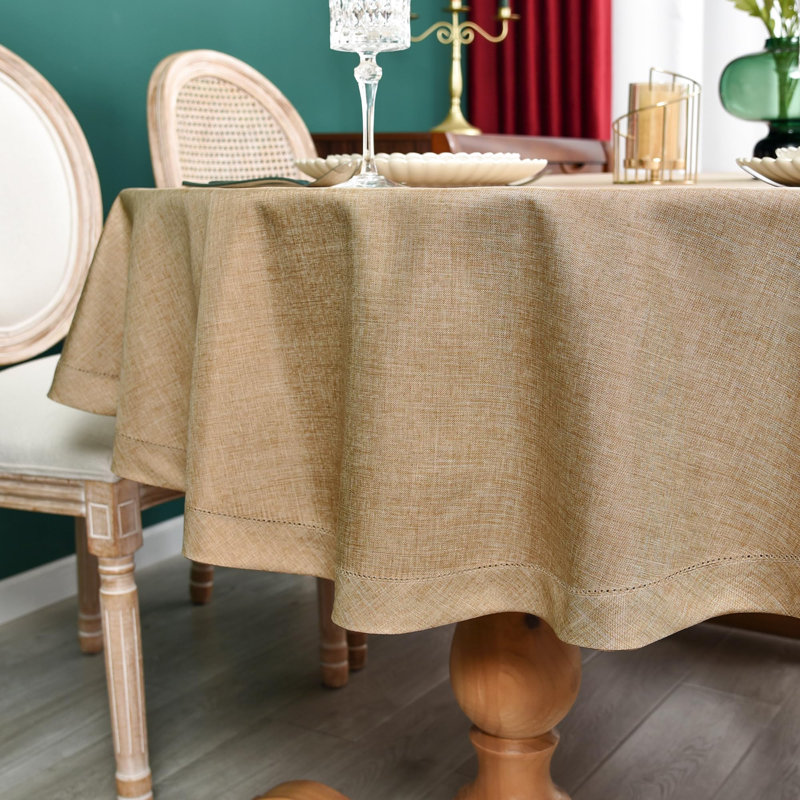Nappe ovale à bordure ajourée en tissu de lin neutre et rustique, Beige foncé, L 52 po x L 70 po