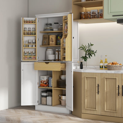 72" Kitchen Pantry, Modern 4-Door Kitchen Storage Cabinet with Inside Drawer, Hanging Door Shelves, 5-tier Shelving and Adjustable Shelf, White