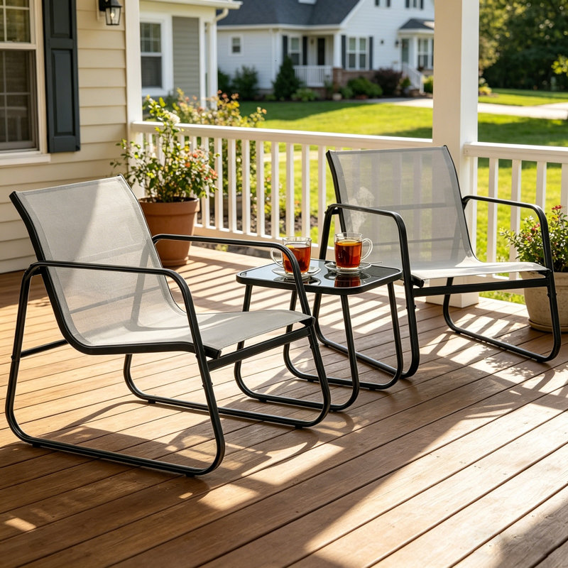 Patio Chairs Bistro Set, Outdoor Furniture Conversation Sets with Porch Chairs and Glass Coffee Table for Balcony, Light Gray