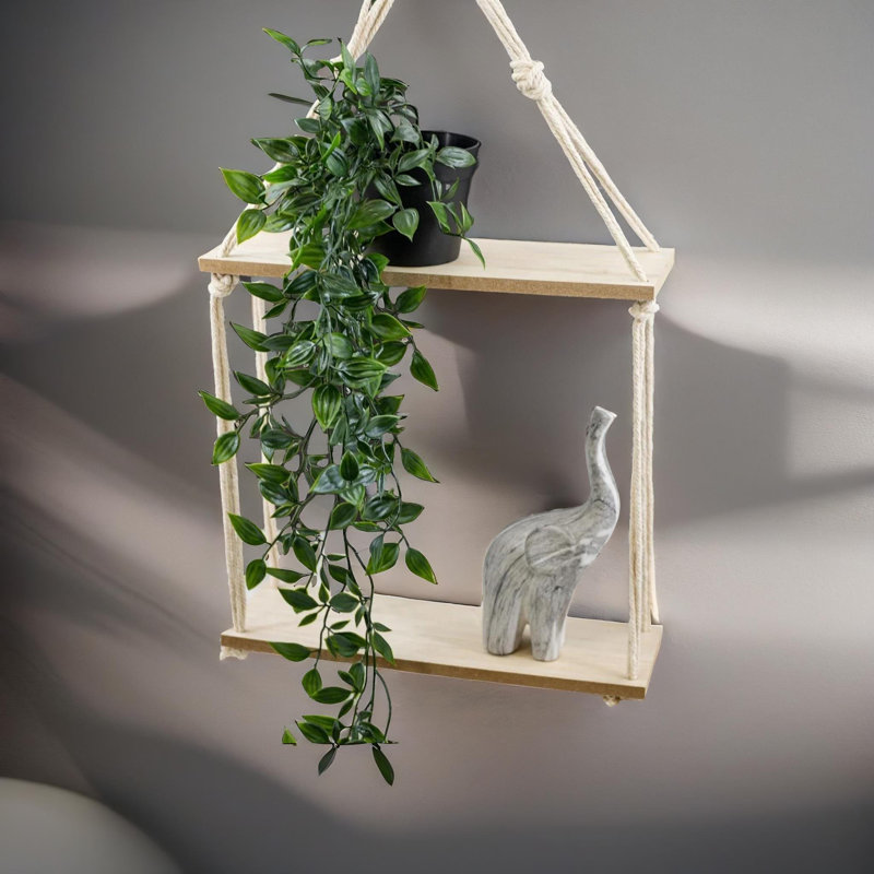 Garling 2 Tier Wooden Hanging Shelves With Rope Home Living Room Decor