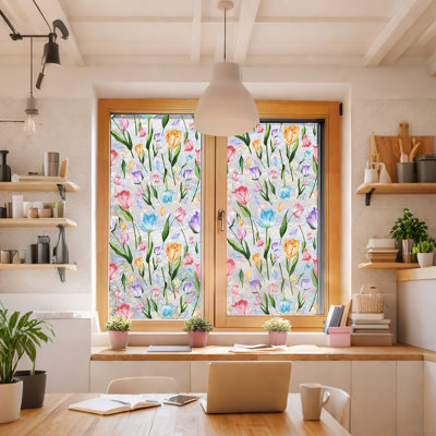 Flower Window Privacy Faux Stained Glass Stickers, Rainbow Tinted Sun Blocking Film (B, 15.7" W X 39" L)