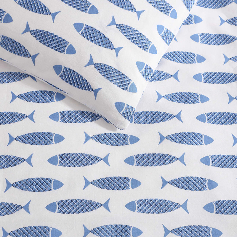 Nautica Woodblock Fish Cotton Reversible Blue Duvet Cover Set, Twin Duvet Cover +1 Standard Sham