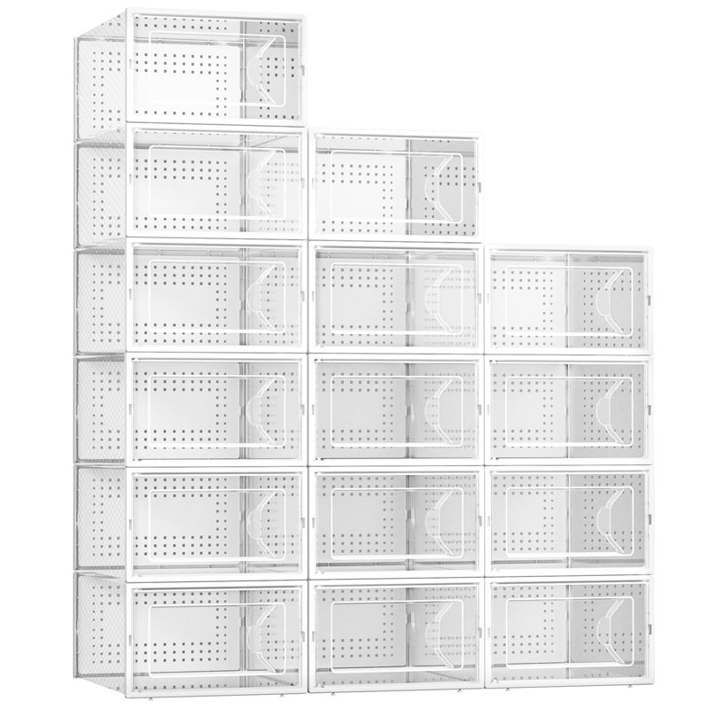15 Pack Shoe Storage Boxes, Clear Plastic Stackable Shoe Organizer For Closet, Connect Left And Right Shoe Boxes Case Container Bin For Entryway, Drop Front, Fit For Size 10 White