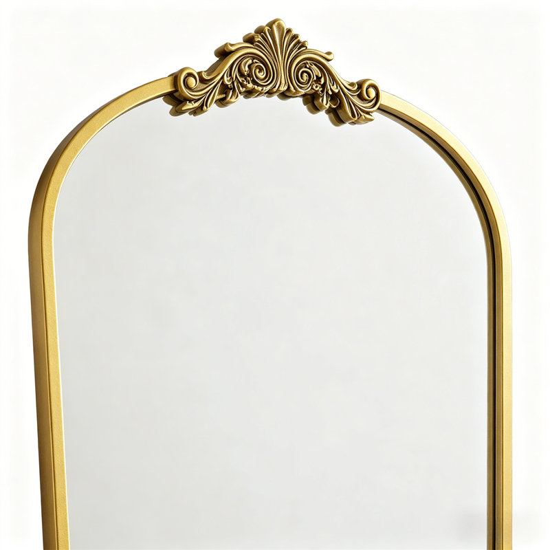 Arched Full-Length Mirror – Vintage Carved Metal Frame With Artistic Base Detailing, Freestanding Floor Mirror In Gold, Ornate Wall Mirror For Home Decor