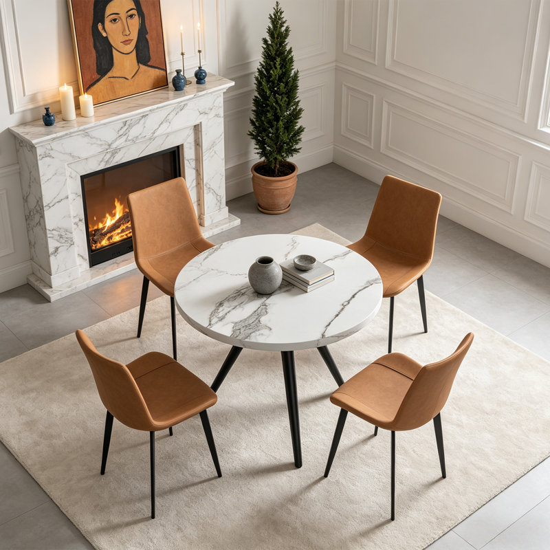 5-Piece Round Dining Table Set, 34.7" Modern Kitchen Table with Dining Chairs, White, Brown