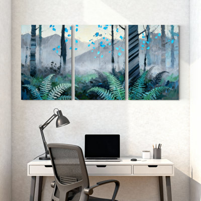 winter forest Misty Forest Ferns Blue Leaves Trees Mountains Set of 3 Canvas Wall Art Prints