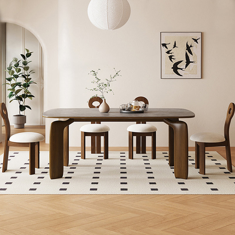 Gray + Nut-brown Rectangular Sintered Stone + Solid Wood Dining Table, 29.53"H x 70.87"L x 31.5"W