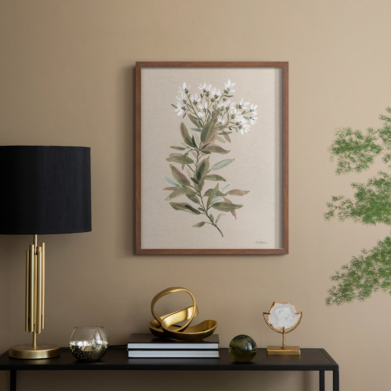 «White Floral Stem I», reproduction encadrée - bois massif, H 11 po x l 9 po, Noyer