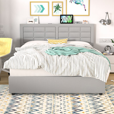 Kempst Upholstered Queen Size Bed Frame with Adjustable Headboard, Queen Platform Bedframe with Charging Station, Mattress Foundation with Wooden Slats Support, No Box Spring Needed