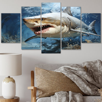 Grey Teal Shark Stride - Animals Canvas Wall Art - 5 Panels