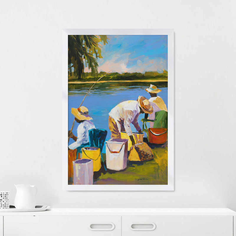 " Fishing I " by Jane Slivka, 49.5" H x 33.5" W x 1" D, White Frame