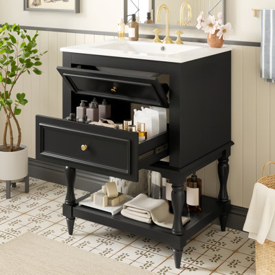 24" Bathroom Vanity With Ceramic Sink, Solid Wood Storage Cabinet With Soft Closing Doors, Open Shelf, And 2 Drawers In Retro Design