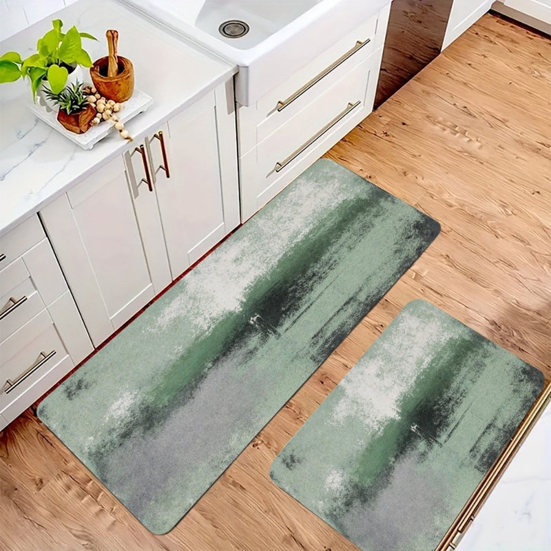 Misty Green Landscape, Kitchen Mats Set of 2, Green Abstract