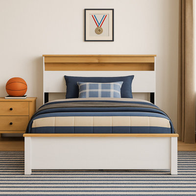 Farmhouse Bed Frame with Storage Headboard and Charging Station – White