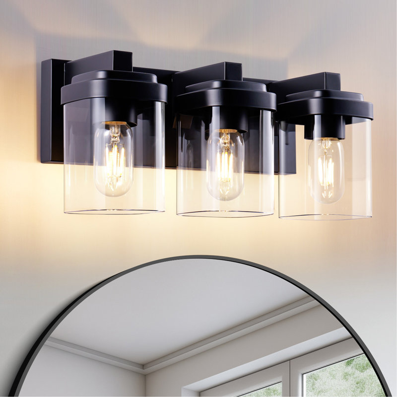 3 lumières de meuble-lavabo de salle de bain noir mat, douilles E26 et base très large pour un éclairage mural stable avec cadre en verre transparent, miroir de galerie d'art idéal dans le couloir