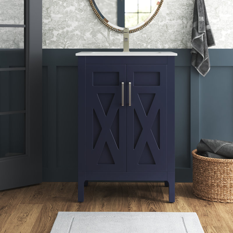 Amandie 24 in. Single Sink Freestanding Bath Vanity in Marine Blue with White Ceramic Top, Marine Blue