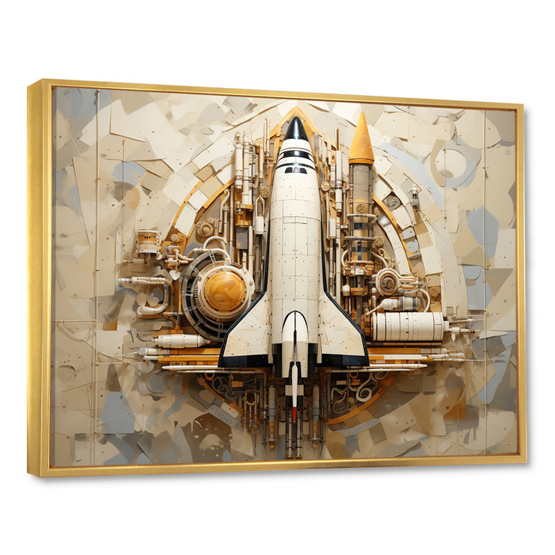 Navette spatiale rétro voyage cosmique, H 30 po x l 40 po x P 1,5 po, Cadre flottant doré