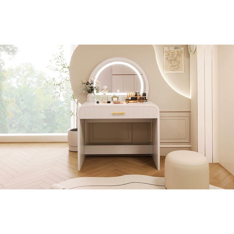 39" Makeup Vanity Table In White For Bedroom. Equipped With Touch Screen Lighted Mirror & Drawer. Curved Edges And Style. Ample Storage Options. Convenient. 20 Installation
